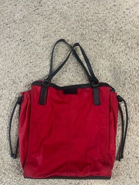 Red Burberry Buckleigh Nylon Tote Bag with Black Leather Trim